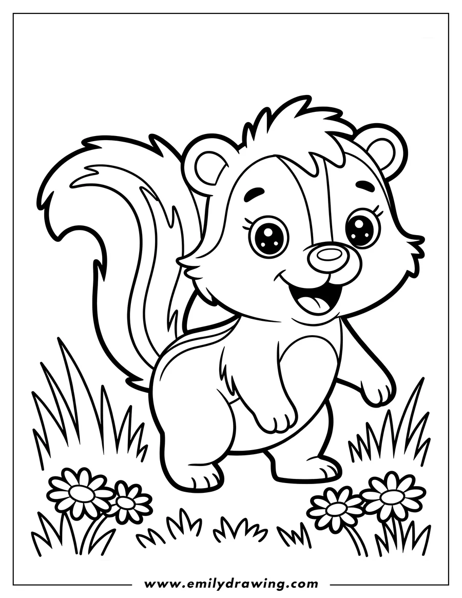 Outline of a skunk walking in grass near some flowers.