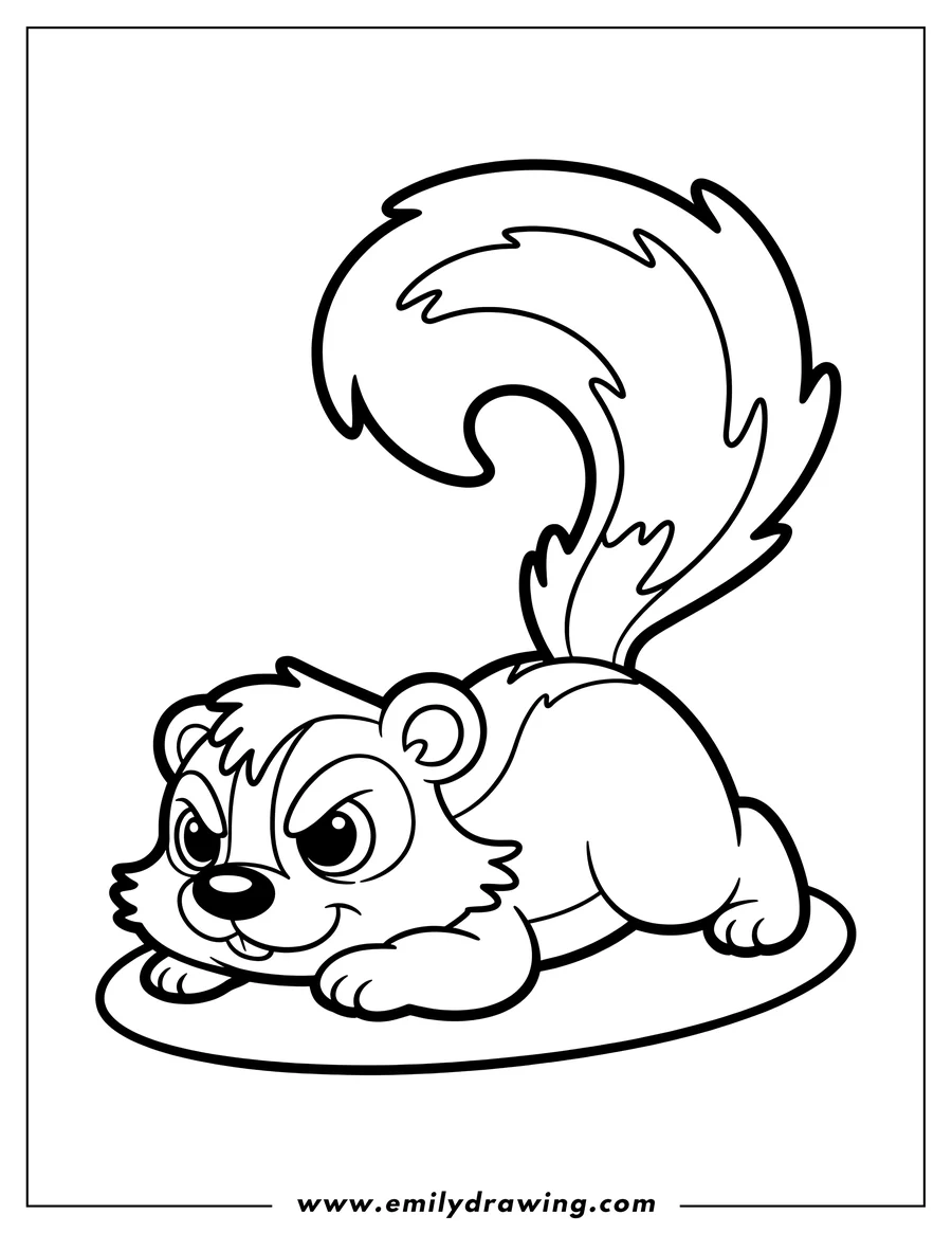 Outline of a skunk laying down with its bushy tail curled up behind it.