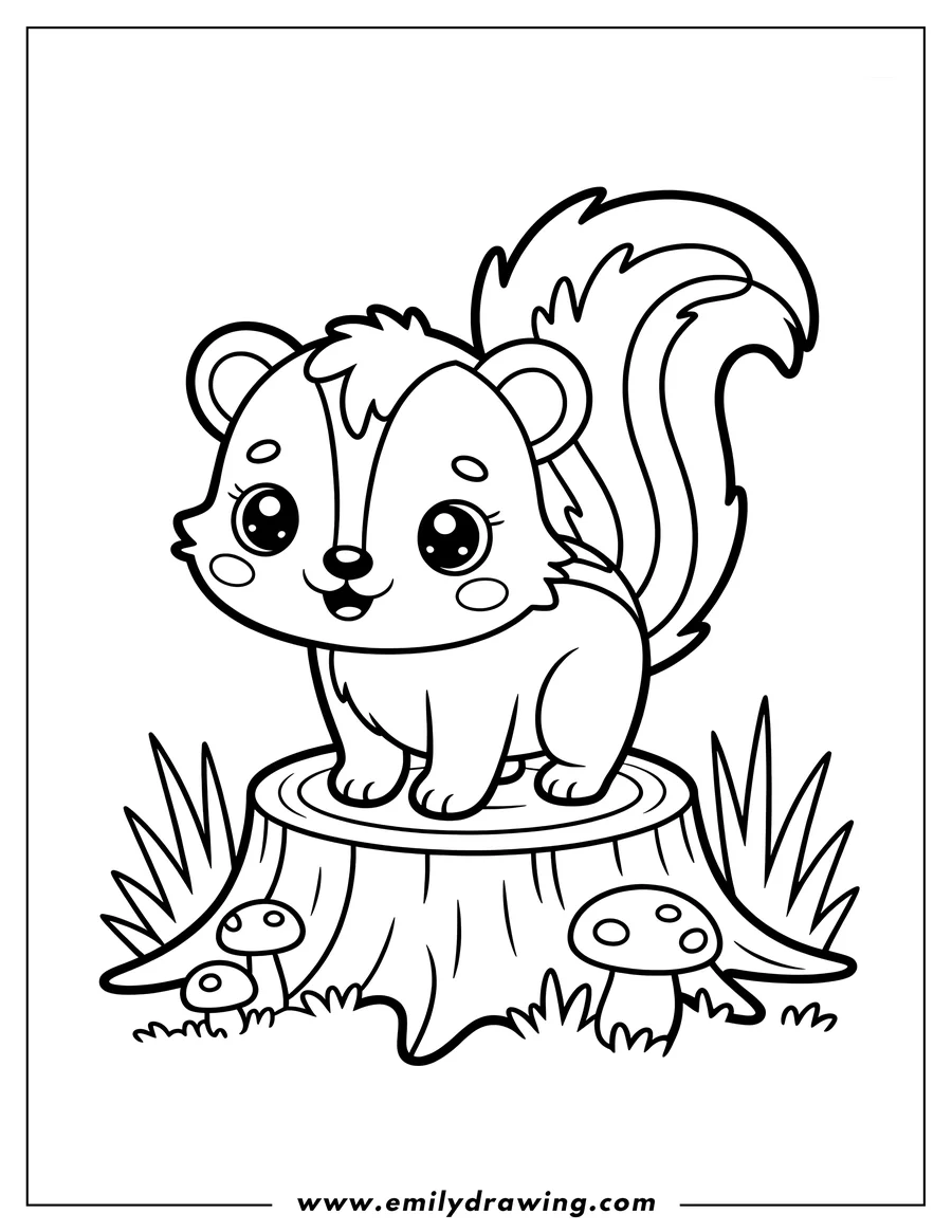 Outline of a skunk standing on a tree stump with mushrooms growing nearby.