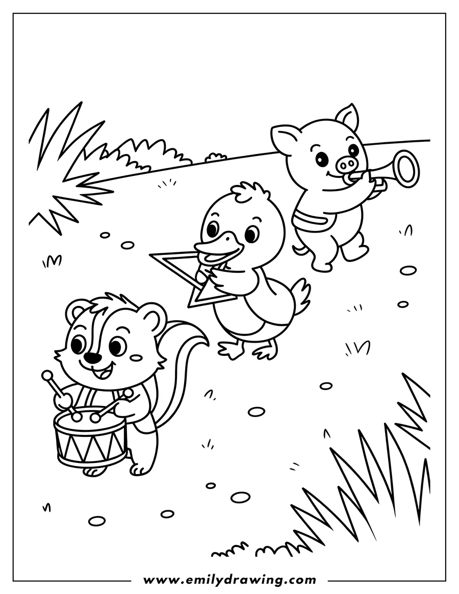 Outline of a skunk playing drums, a duck playing a triangle, and a pig playing a trumpet.