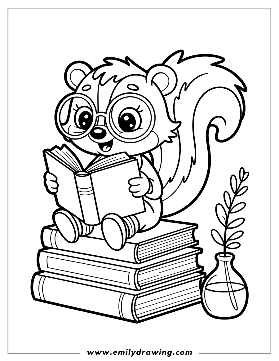 Line art of a skunk wearing glasses, sitting on a stack of books and reading. A small plant in a vase sits next to the books.