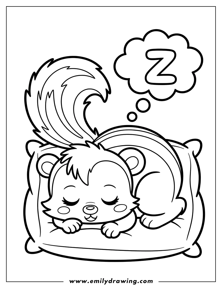 Outline of a skunk sleeping peacefully on a pillow, with a 'Z' in a thought bubble above its head.
