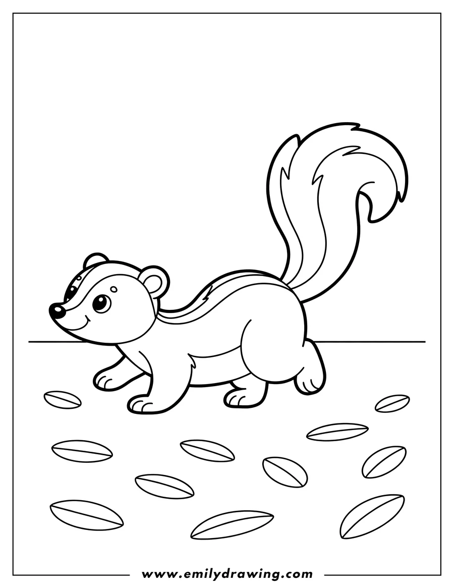 Outline of a skunk walking among fallen leaves. It has a distinctive striped back and a large, bushy tail.