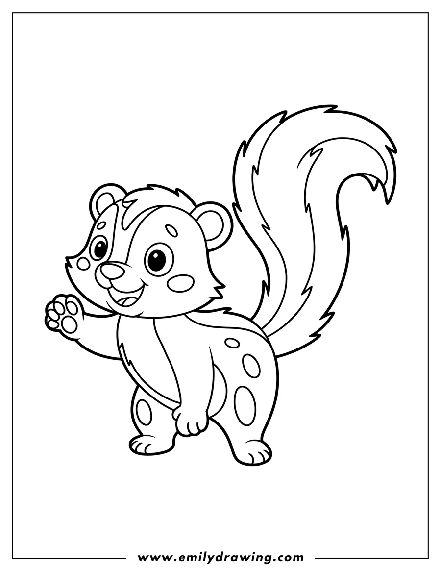 Outline of a friendly skunk waving hello, showing its distinctive stripes and fluffy tail.