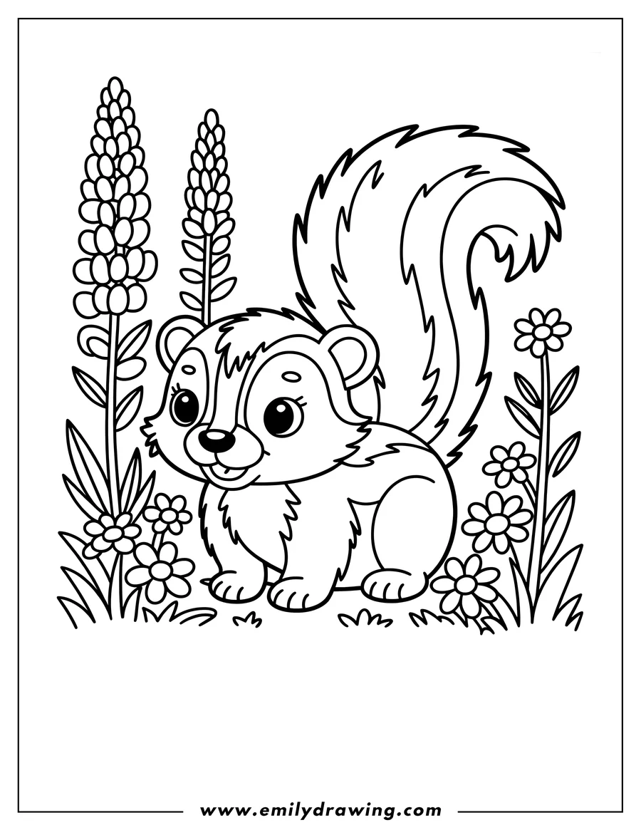 Outline of a skunk sitting in a patch of wildflowers and grass.  Two tall stalks of lupine flowers are visible behind the skunk.