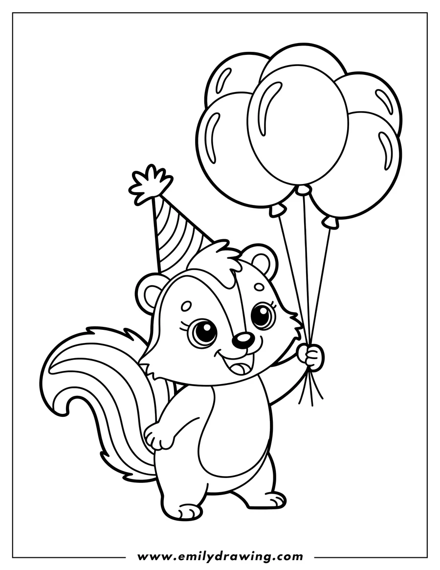 Outline of a skunk holding a bunch of balloons and wearing a party hat.