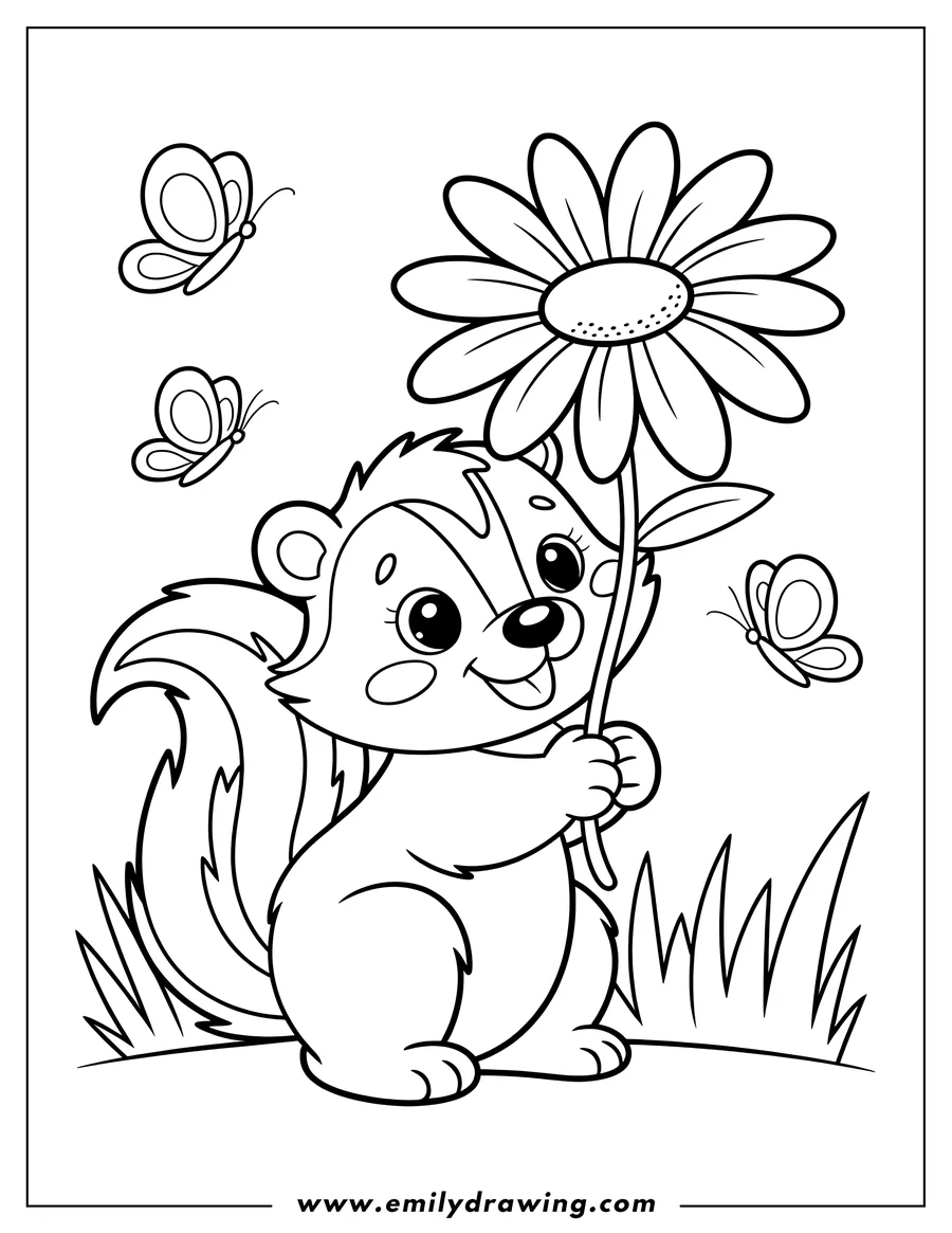 Outline of a skunk holding a large flower with butterflies fluttering nearby