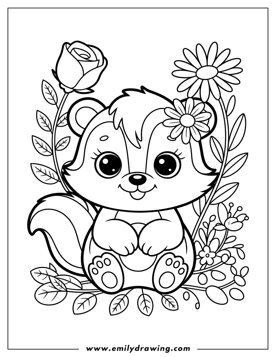 Outline of a skunk sitting with flowers and leaves around it. The skunk has a flower tucked behind its ear and large, friendly eyes.