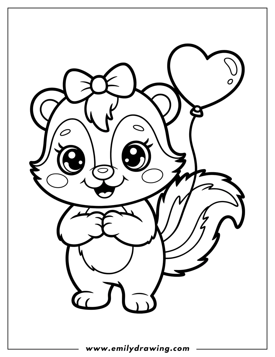 Outline of a skunk holding a heart-shaped balloon. The skunk has a bow on its head and is smiling.