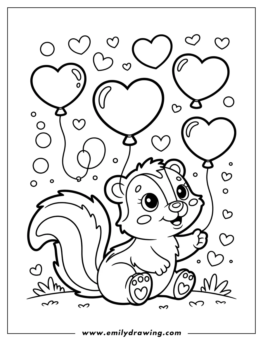 Outline of a smiling skunk holding heart-shaped balloons. It's sitting on a small patch of grass.