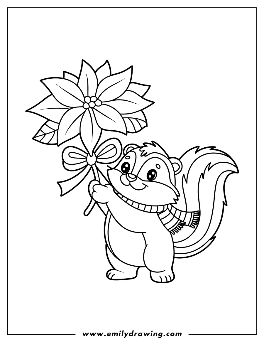Outline of a skunk wearing a striped scarf and holding a poinsettia with a bow.