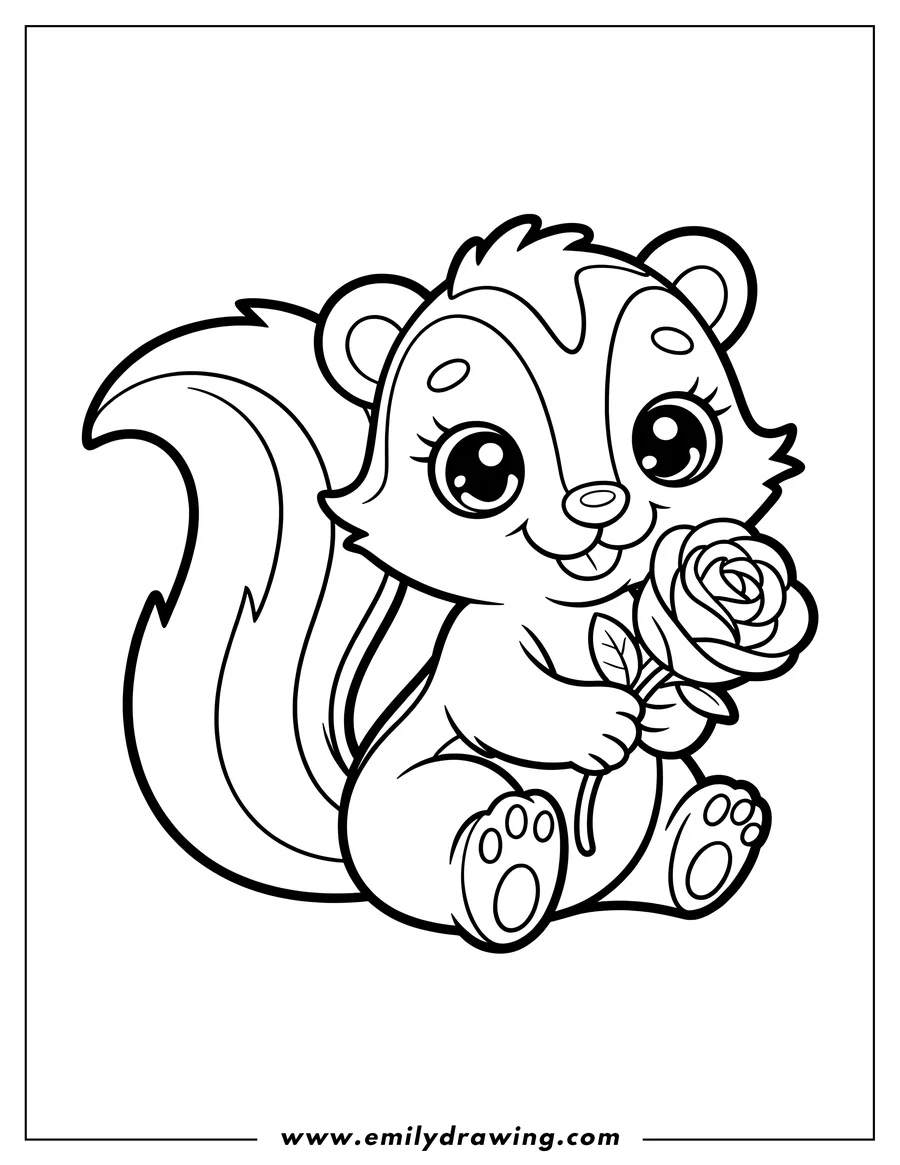 Outline of a friendly skunk sitting and holding a rose.