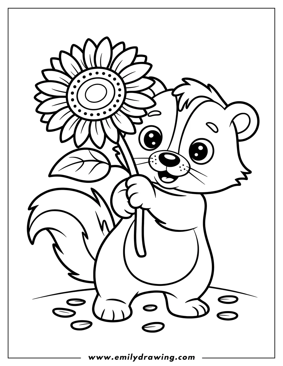 Outline of a skunk holding a large sunflower.