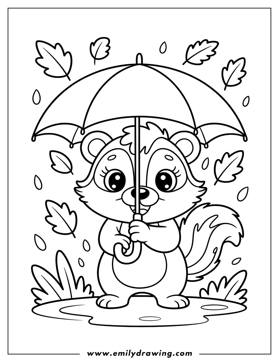 Outline of a skunk holding an umbrella in the rain with leaves falling around it.