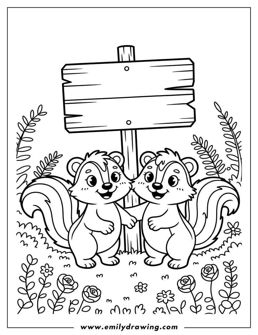 Two skunks stand on either side of a wooden signpost in a field of flowers.