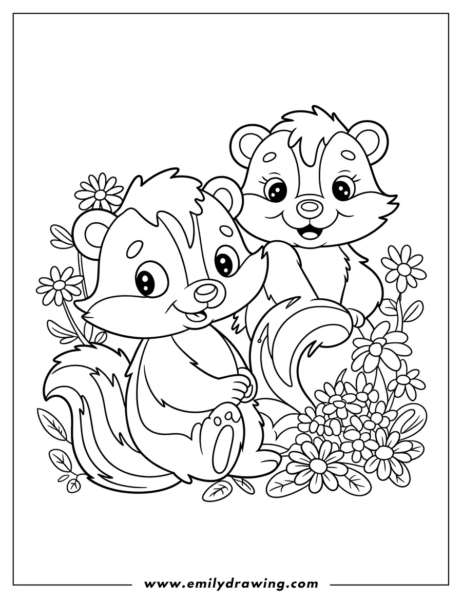 Two friendly skunks sit among flowers. One skunk sits facing forward while the other peeks over its shoulder.