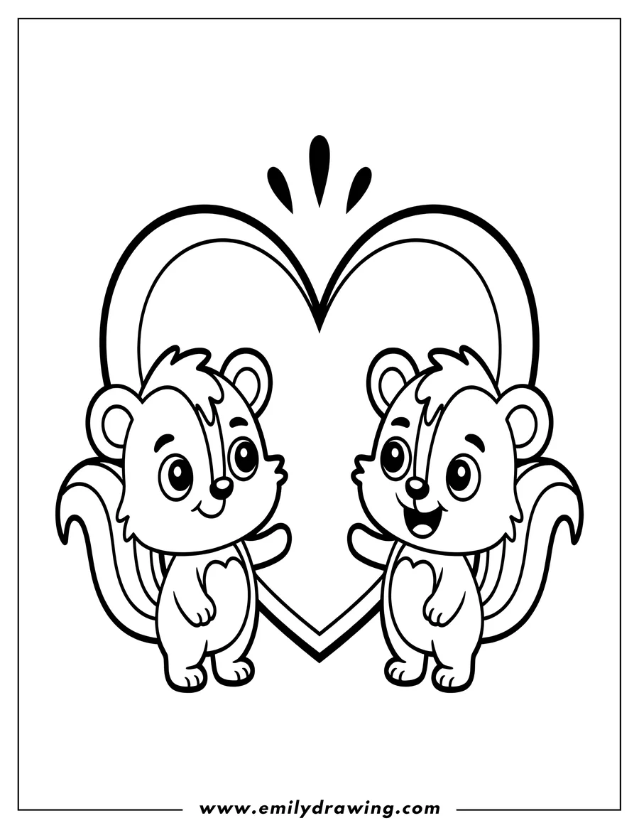 Two friendly skunks stand on either side of a large heart. They appear happy and playful.