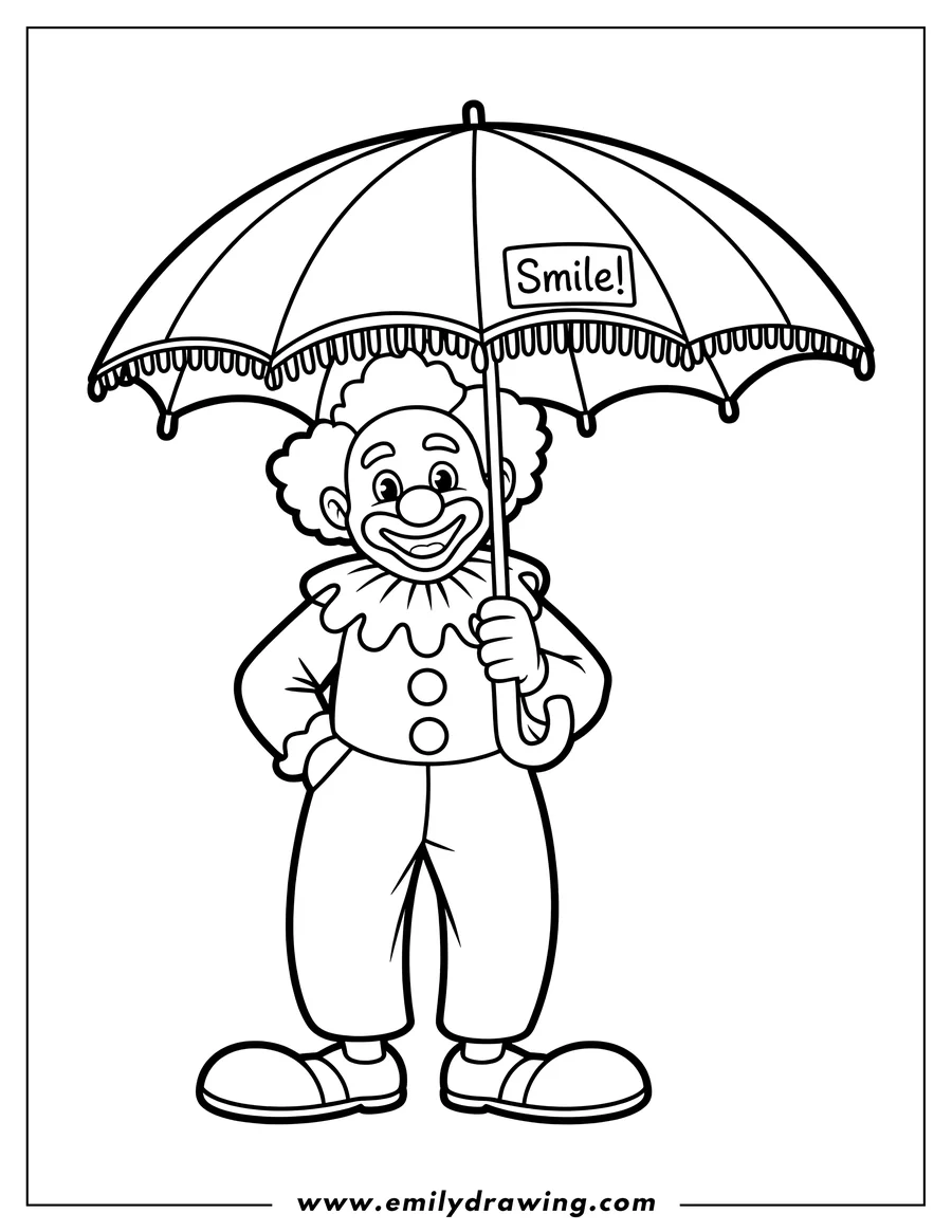 Line art of a smiling clown holding an umbrella that says 'Smile!'.