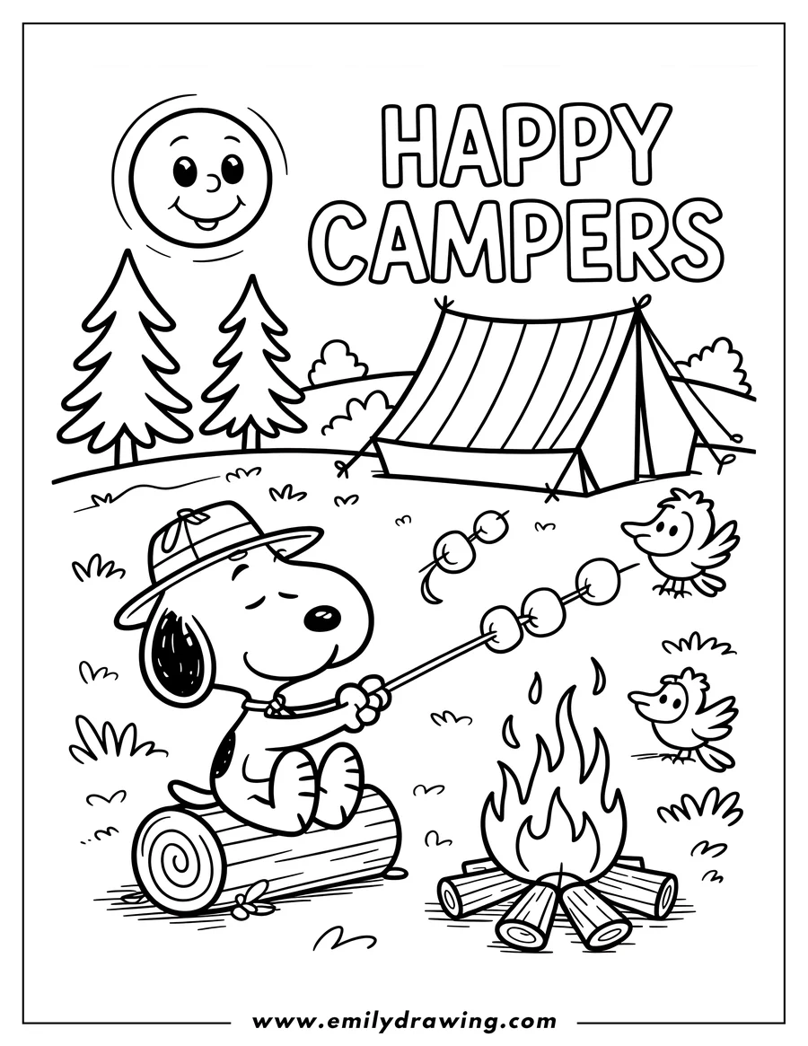 Line art of Snoopy roasting marshmallows over a campfire, with a tent and birds in the background.