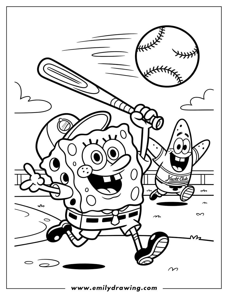 Spongebob Squarepants swinging a baseball bat, hitting a baseball in the air, with Patrick Star cheering him on in the background on a baseball field.