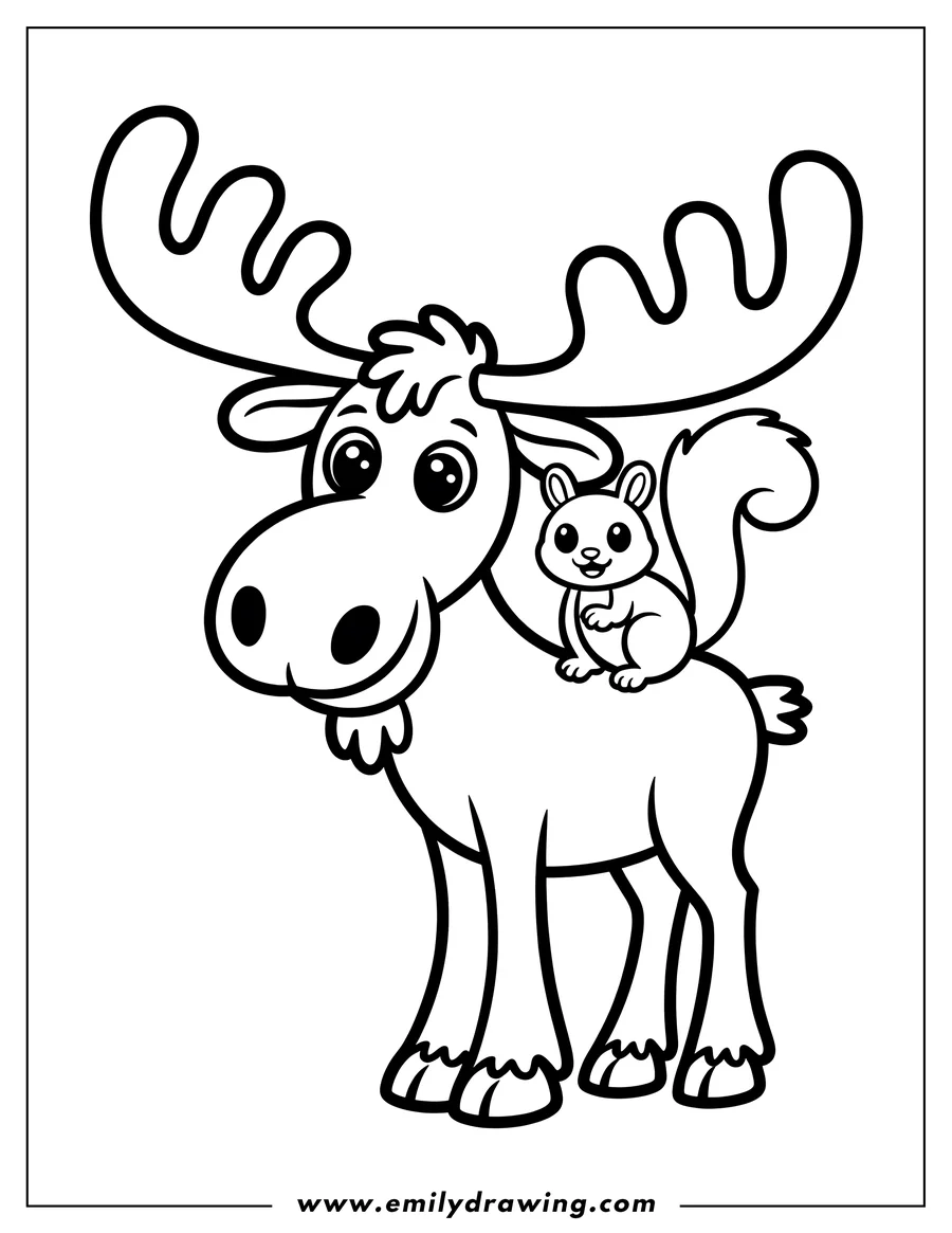Outline of a squirrel sitting on the back of a moose.