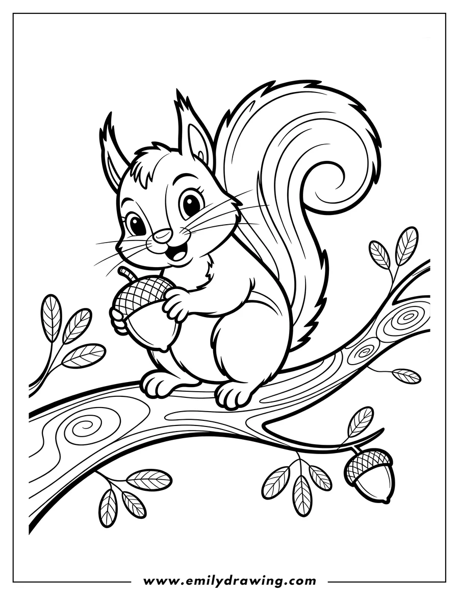 Outline of a friendly squirrel sitting on a tree branch, holding an acorn. Leaves and another acorn decorate the branch.
