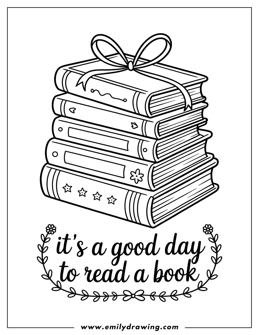 Line art of a stack of books tied with a ribbon. The phrase 