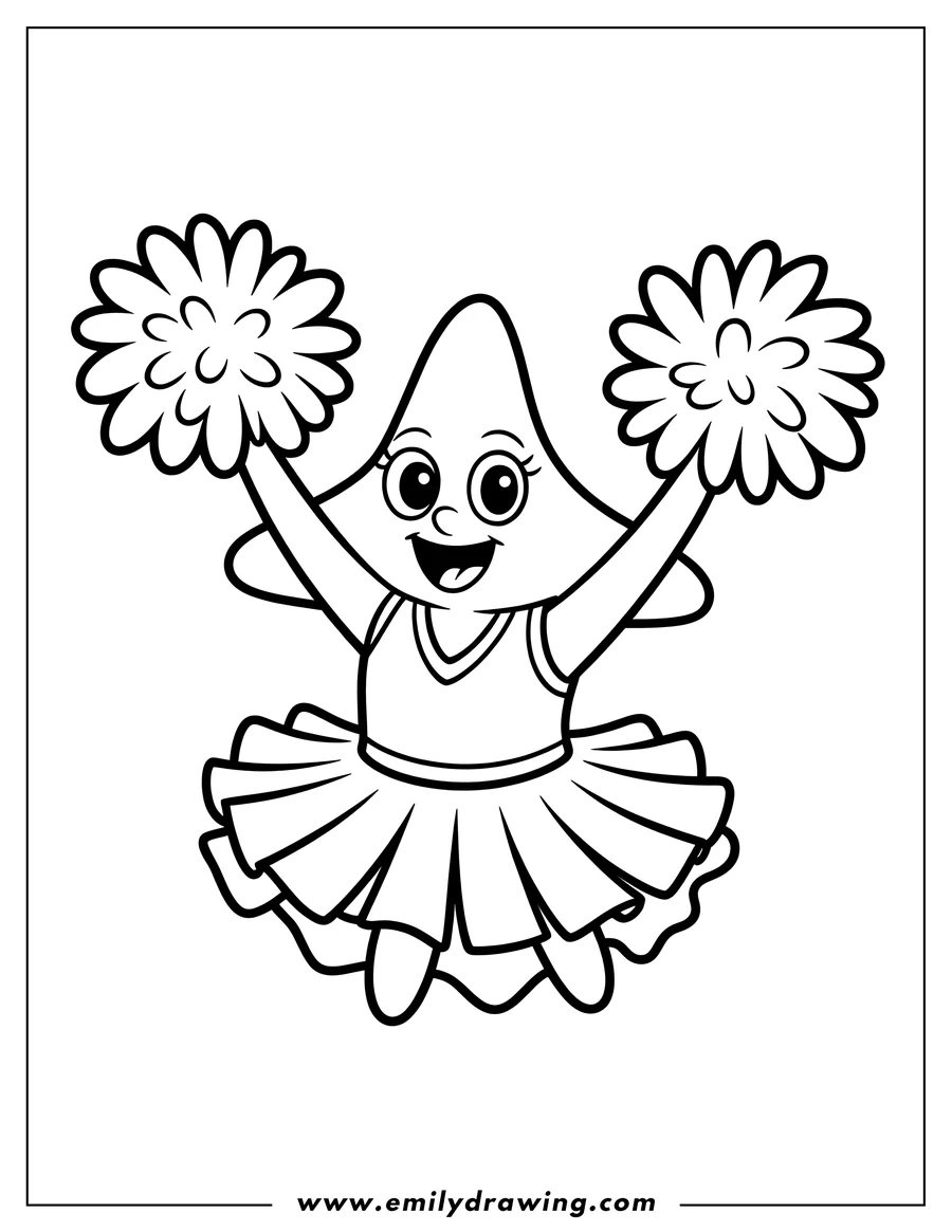 Line art of a cheerful starfish dressed as a cheerleader, holding pom-poms.