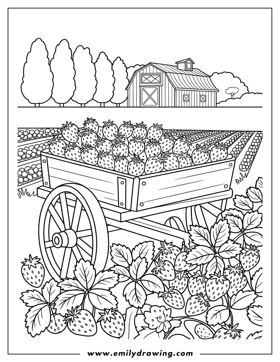 Line art of a wheelbarrow overflowing with strawberries, set in a strawberry field with a barn and trees in the background.
