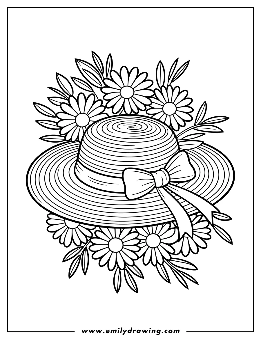 Line art of a wide-brimmed sun hat decorated with daisies and a bow.