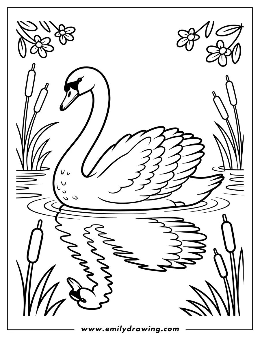 Line art of a swan swimming serenely on a pond, with cattails and flowers around the edges.
