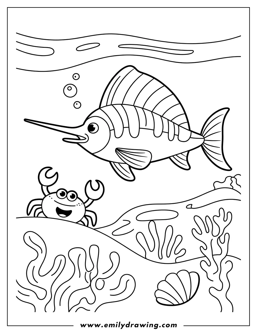 Line art of a swordfish swimming above a smiling crab on the ocean floor, with coral and a seashell nearby.