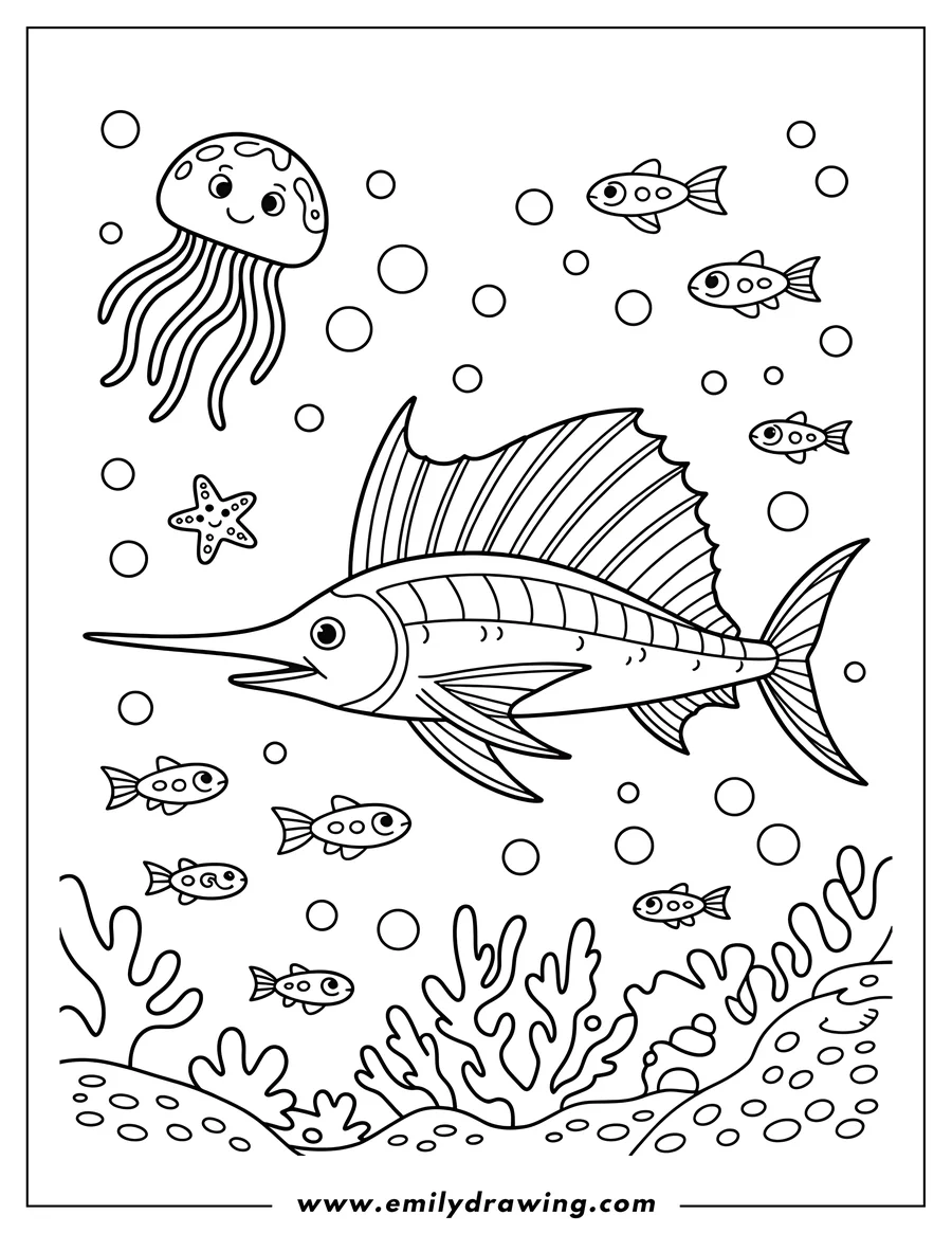 Line art of a swordfish and jellyfish swimming in the ocean with small fish, bubbles, a starfish, and coral on the seabed.