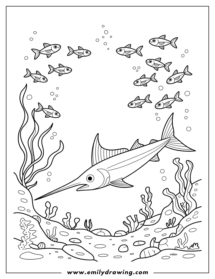 Line art of a swordfish swimming near the ocean floor with a school of smaller fish above it. Seaweed and rocks are visible on the seabed.