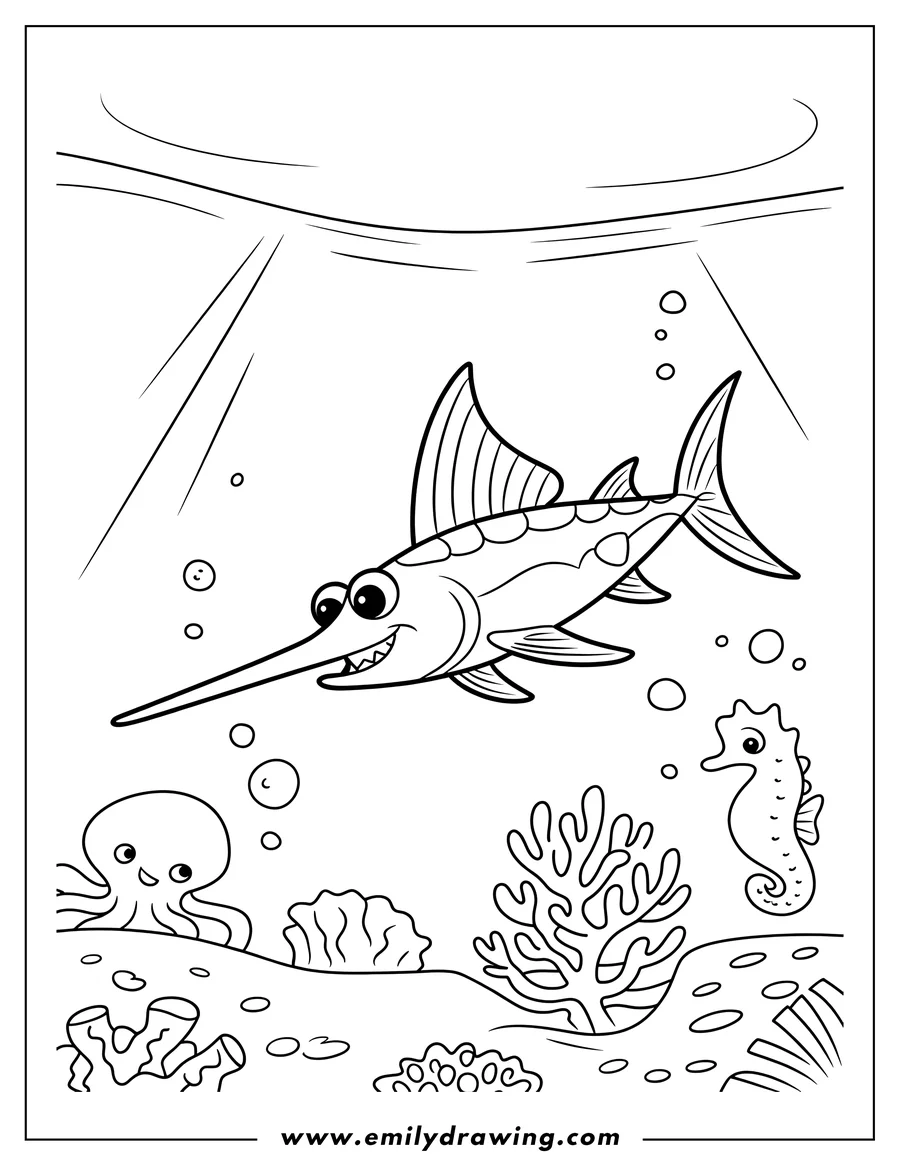 Line art of a swordfish and a seahorse swimming in the ocean, surrounded by coral and an octopus. Bubbles float around them.