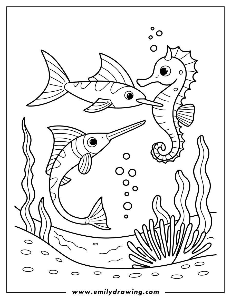 Outline of a swordfish and a seahorse swimming underwater amongst some seaweed.
