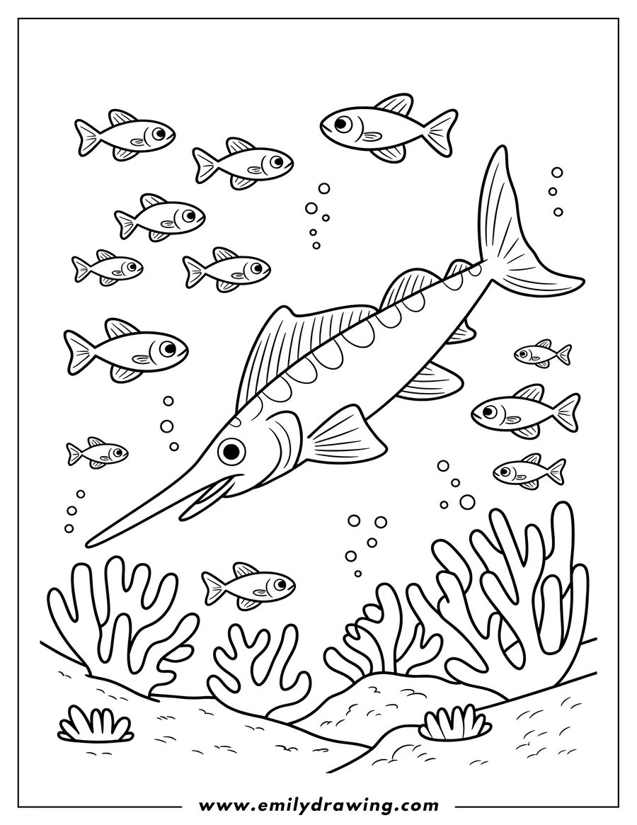 Line art of a swordfish swimming near the ocean floor with smaller fish and coral.