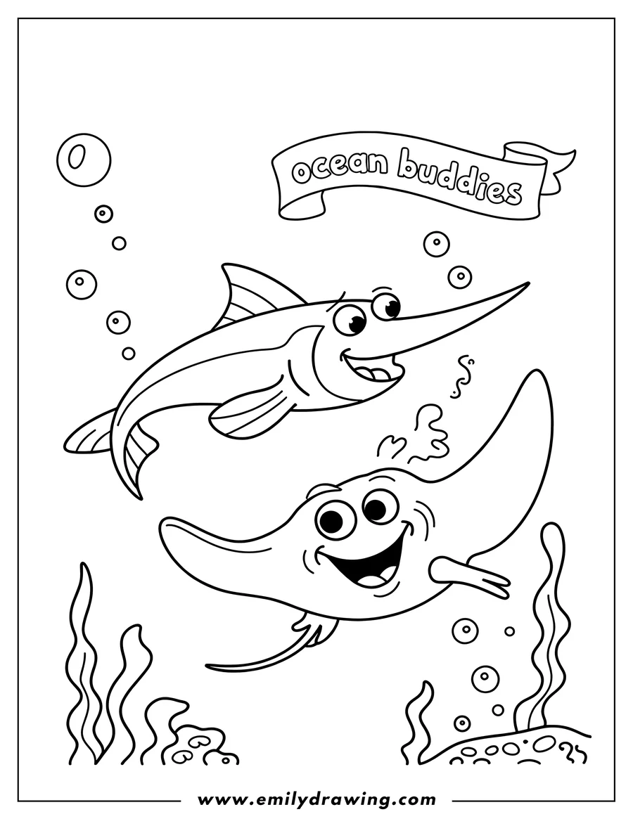 Outline of a playful swordfish and stingray swimming underwater amongst bubbles and seaweed.