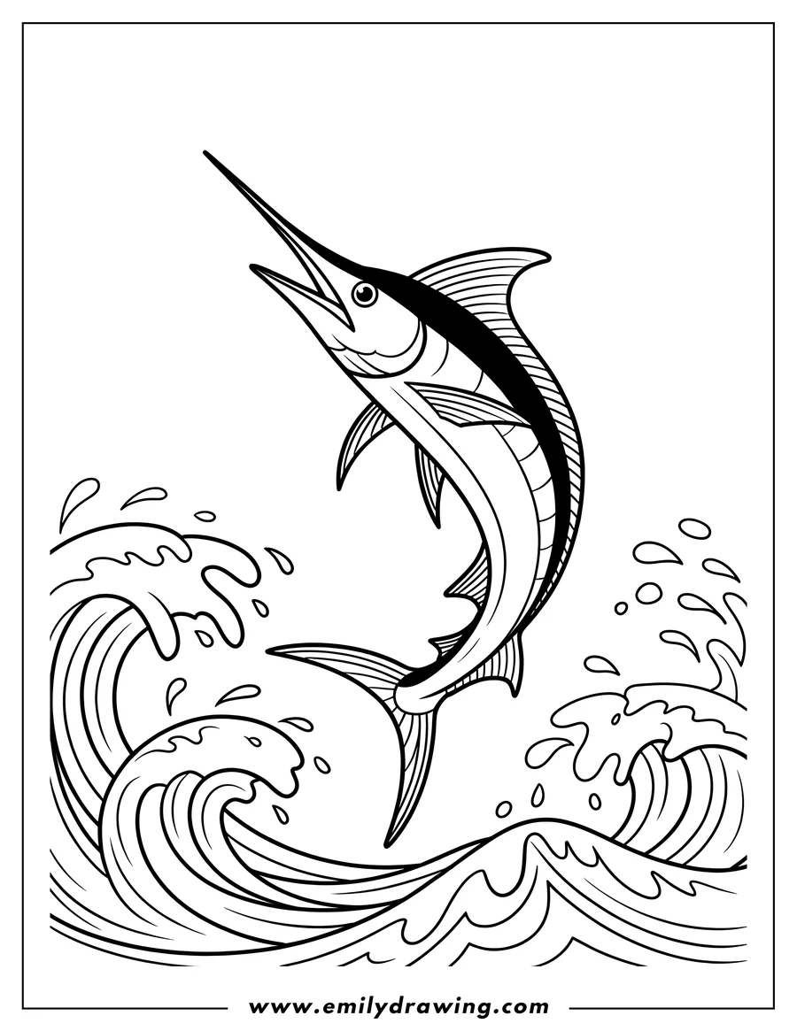 Line art of a swordfish leaping out of ocean waves, its long bill pointed upwards.