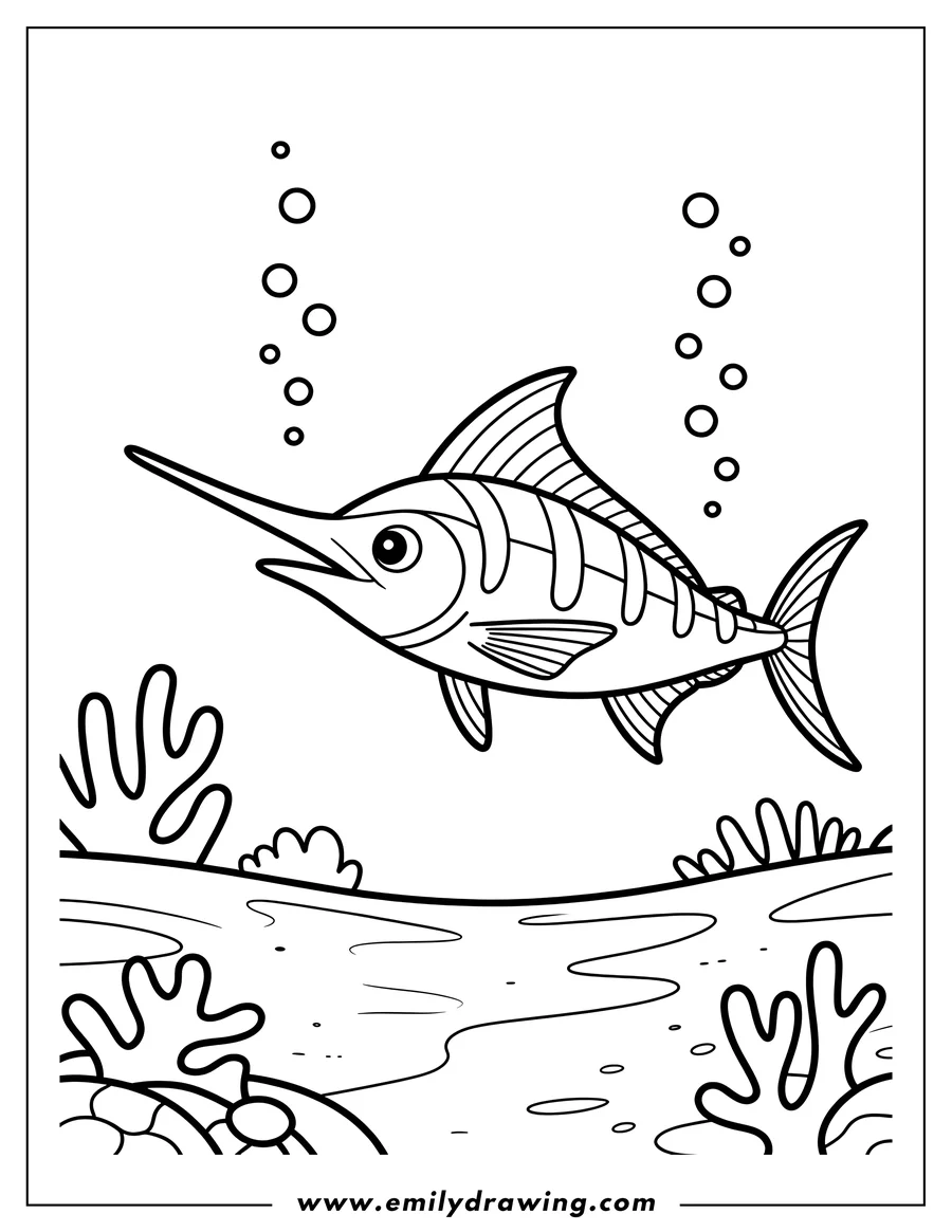 Outline of a swordfish swimming above seaweed and coral.