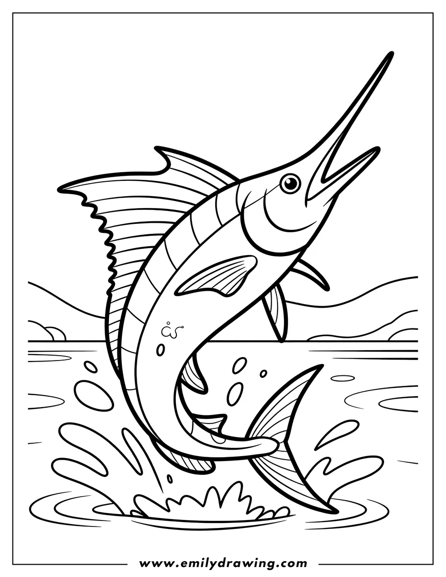 Line art of a swordfish leaping out of the water.