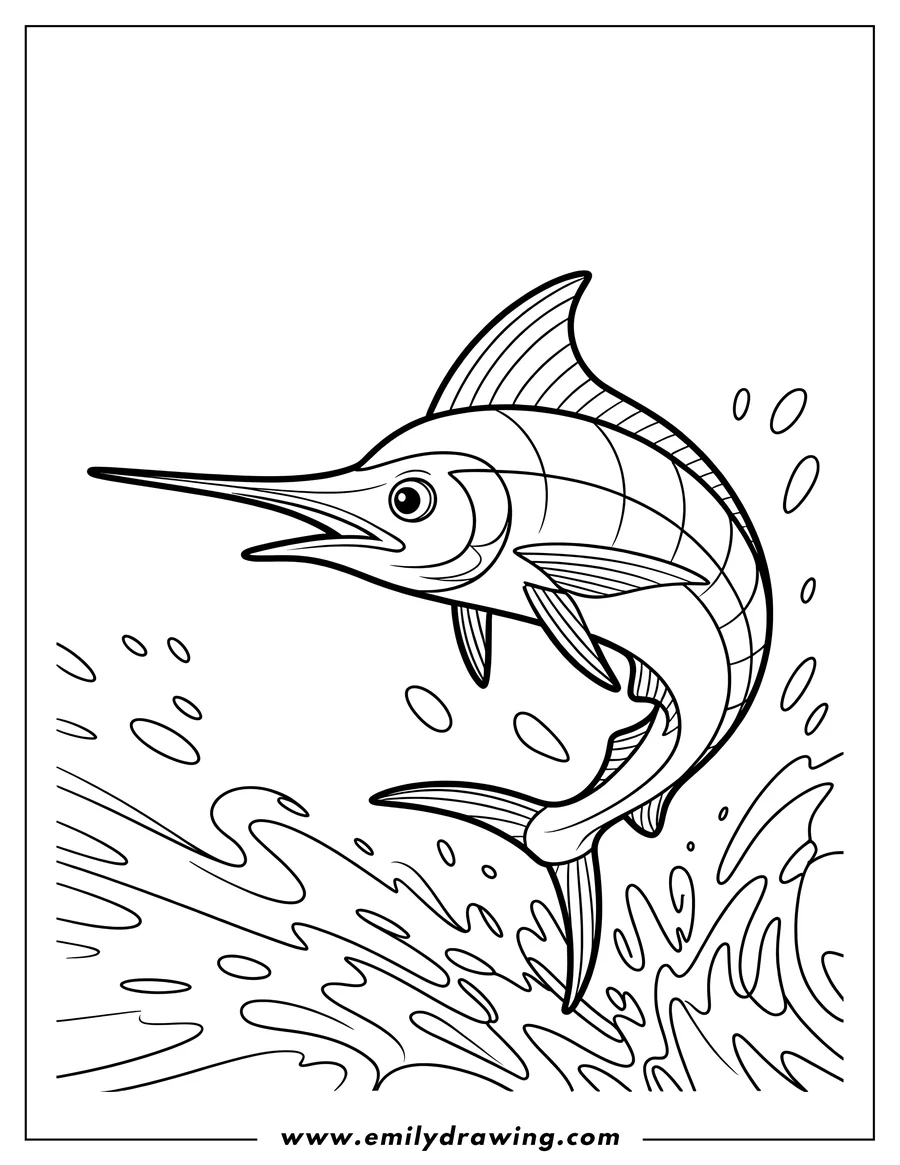 Line art of a swordfish leaping from ocean waves.