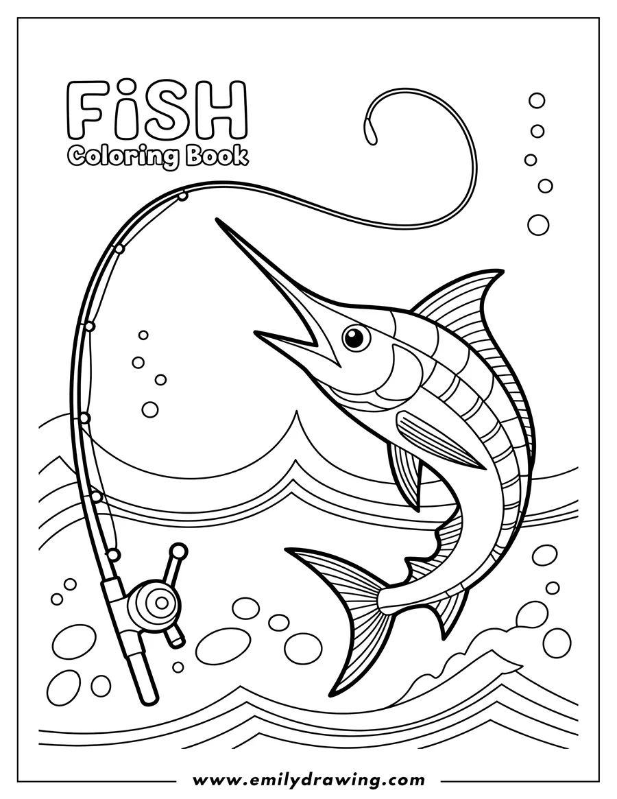 Line art of a swordfish near a fishing rod in the ocean. Bubbles float around it.
