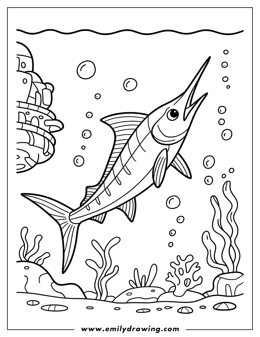 Line drawing of a swordfish with its mouth open swimming near a submarine, with bubbles and seaweed also depicted underwater.
