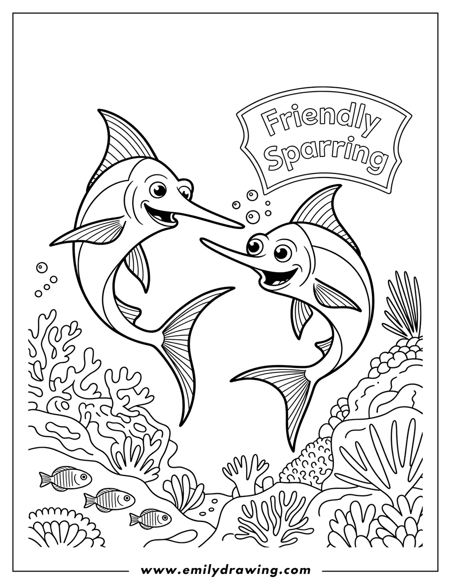 Two swordfish sparring playfully amongst coral and smaller fish.
