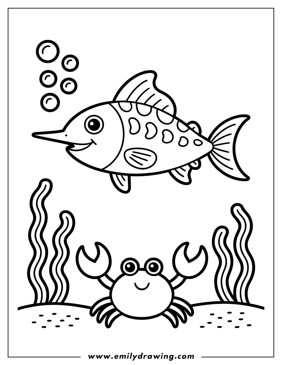 Outline of a swordfish swimming above a crab on the seabed, surrounded by seaweed.
