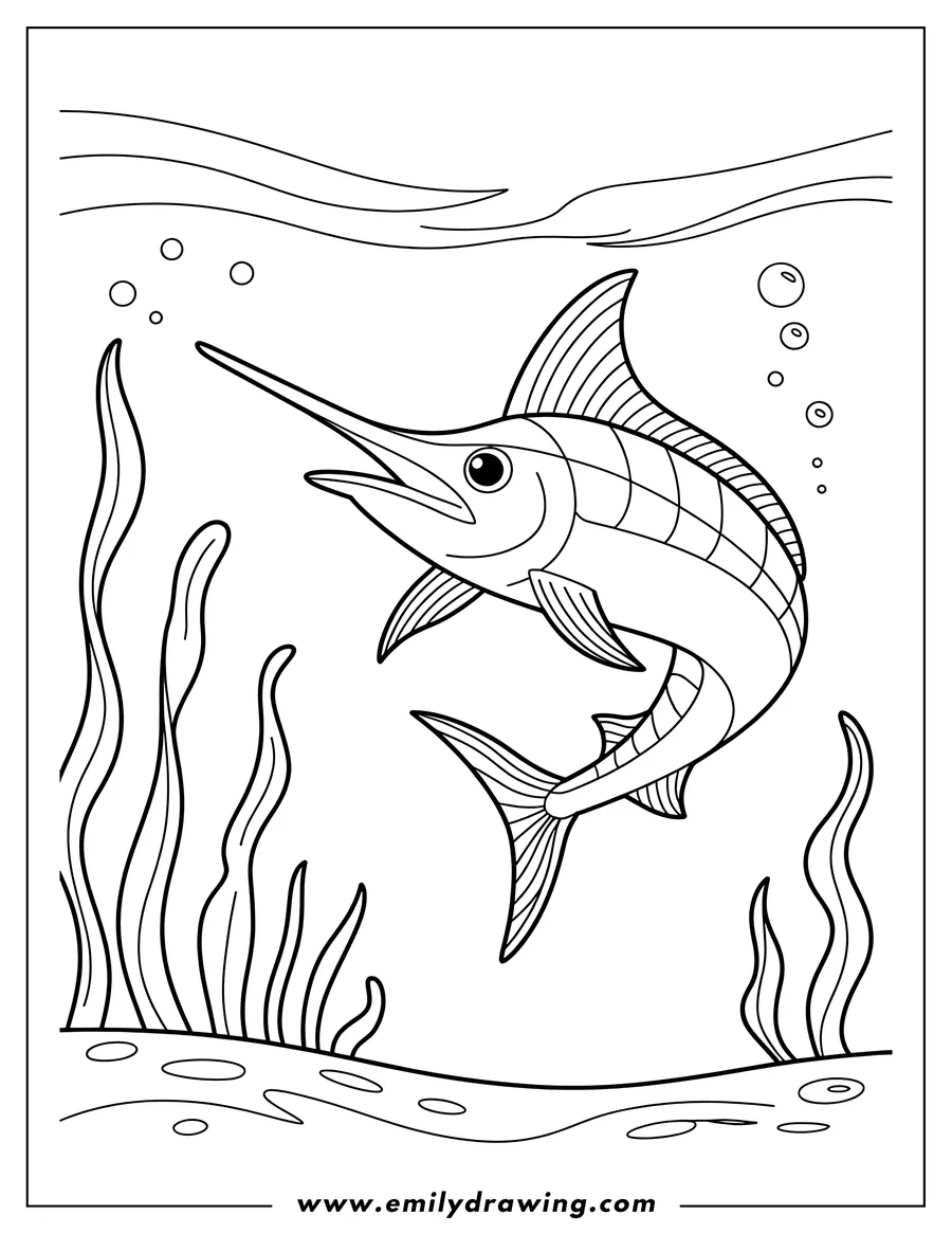 Line drawing of a swordfish swimming near seaweed and bubbles. Perfect for coloring.