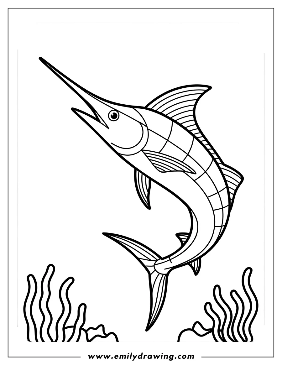 Line art of a swordfish swimming above seaweed.