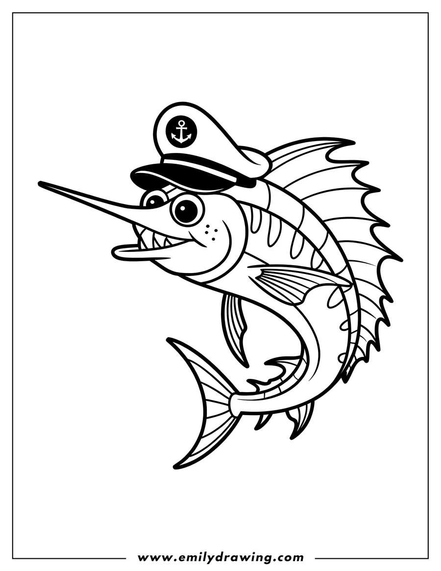 Line art of a swordfish wearing a captain's hat with an anchor emblem. It has a long bill, large eyes, and detailed fins.