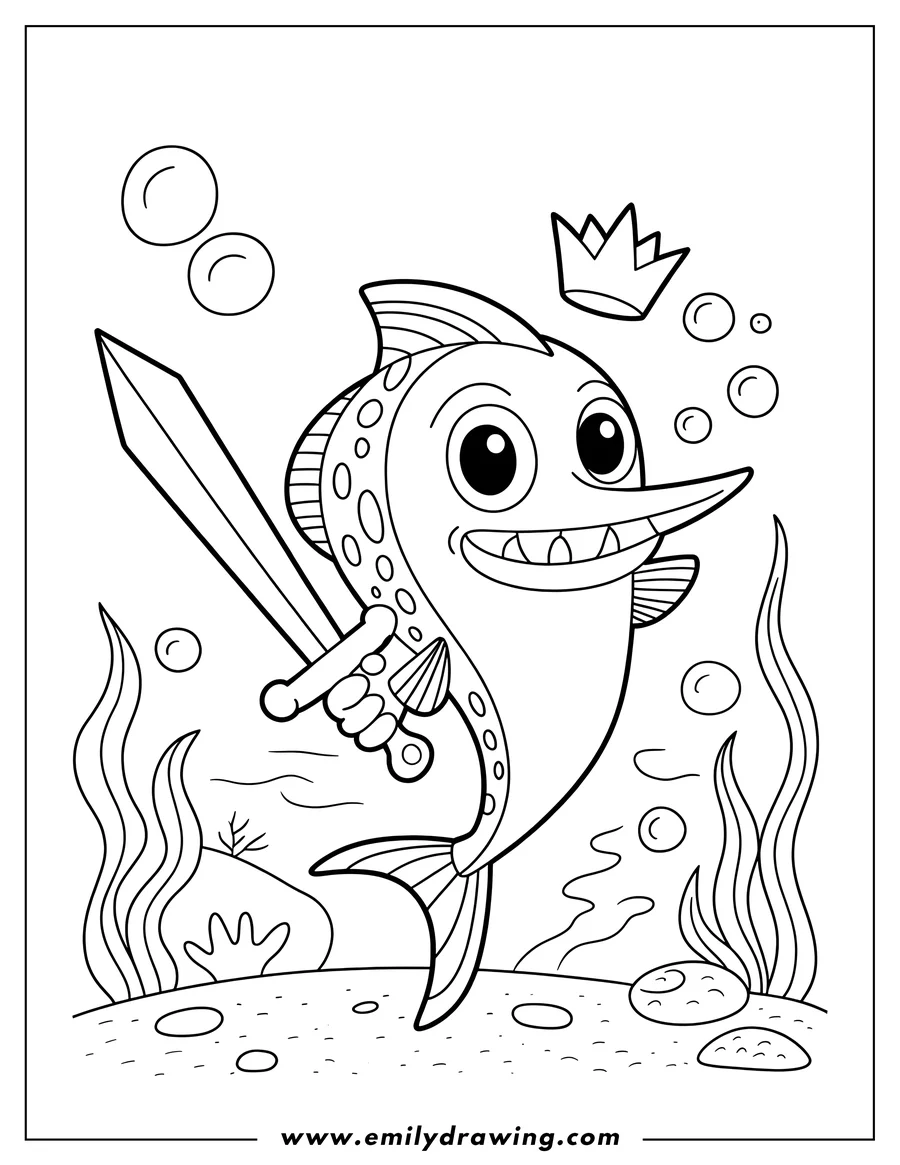 Line art of a swordfish wearing a crown and holding a sword underwater. Bubbles float around him, and seaweed sways on the seabed below.
